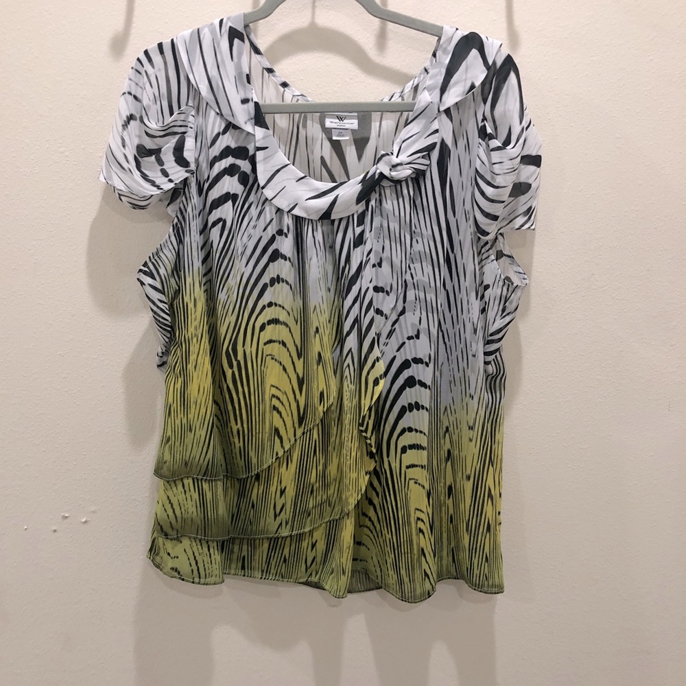 Worthington Black White Yellow Zebra-Print Layered Short-Sleeve Blouse